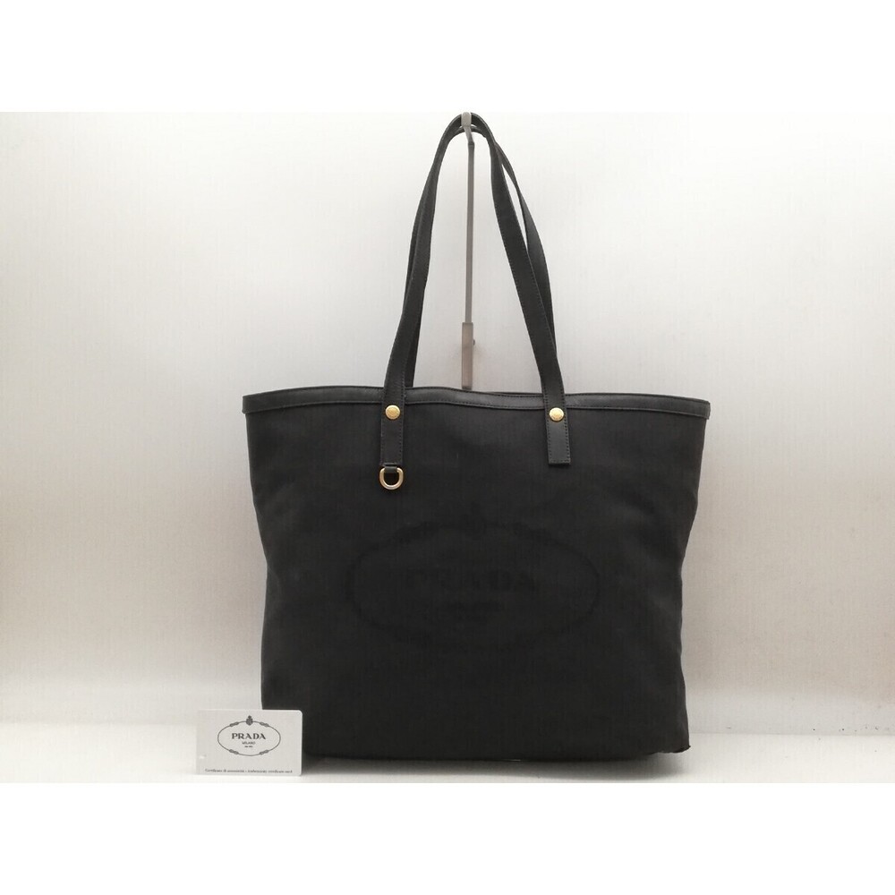 PRADA handbag jacquard black canvas leather tote bag